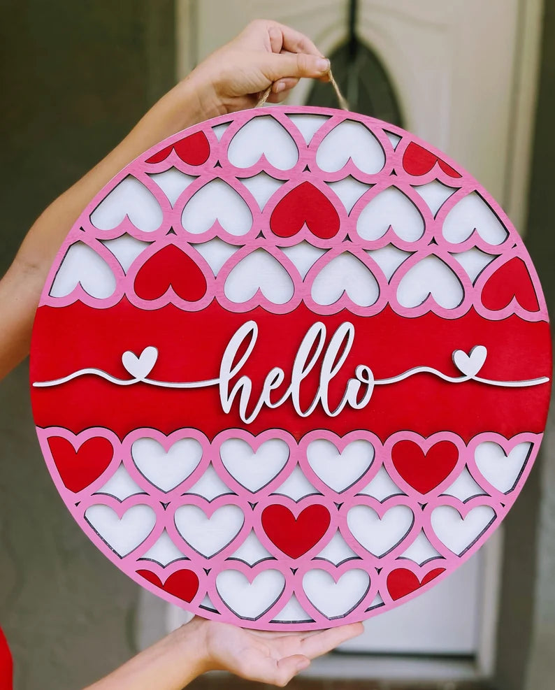 Hello Door Wreath Hot Pink with Hearts. Door Hanger, Hello Door Hanger, Valentines Day Door Hanger, Love Wreath, Heart Door Decorations Idea