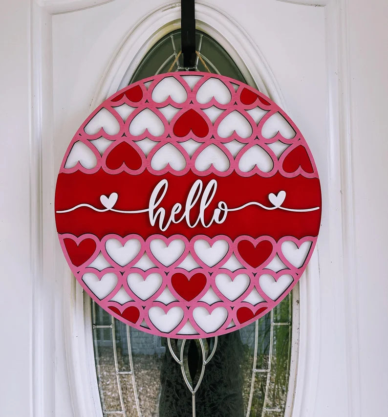 Hello Door Wreath Hot Pink with Hearts. Door Hanger, Hello Door Hanger, Valentines Day Door Hanger, Love Wreath, Heart Door Decorations Idea