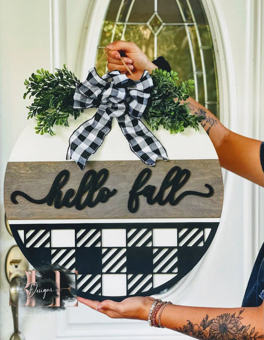 Hello Fall Buffalo Plaid Front Door Hanger, Fall Door Decor Fall Decorations, Fall Door Hanger, Black & White Fall Decorations, Fall Wreath