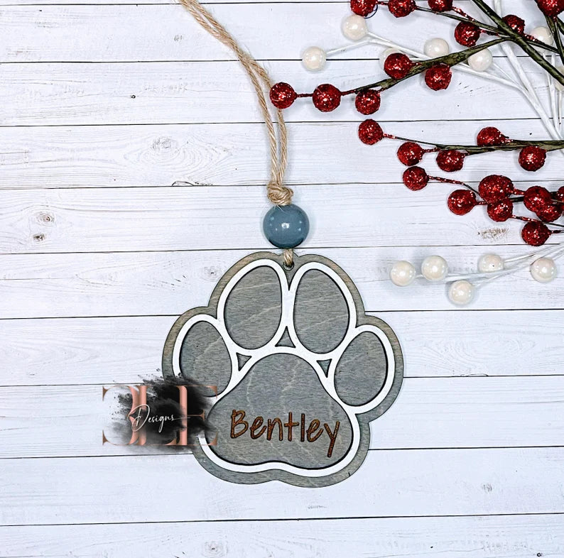 Paw Print Personalized Ornament, Custom Dog Name Tag Ornament, Wooden Ornament With Pet Name, Dog Lover, Gift For Dog Owners, Paw Print Name