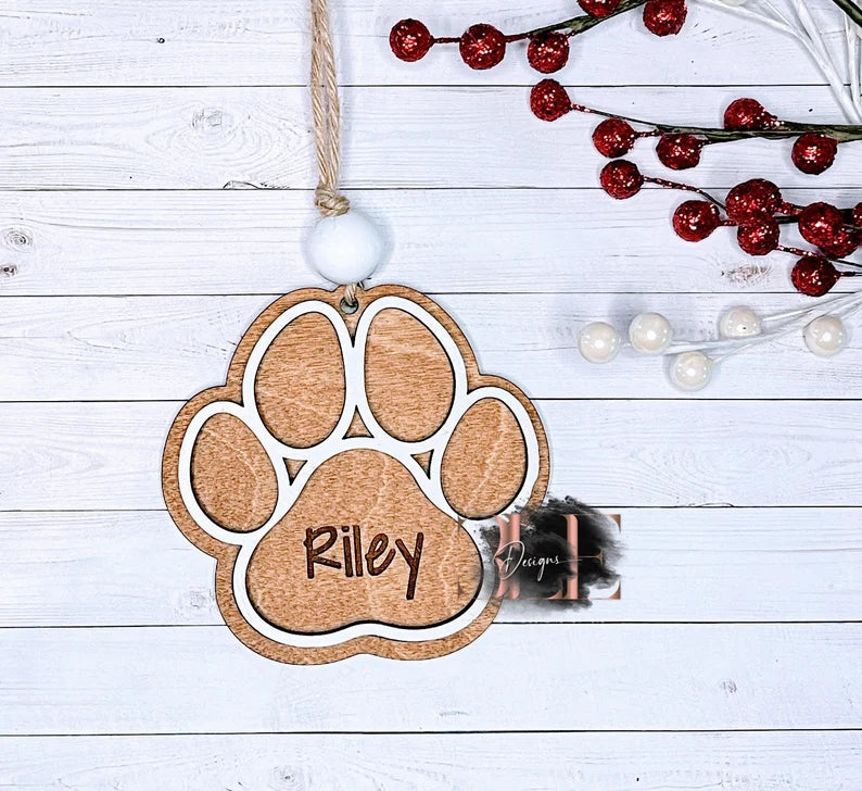 Paw Print Personalized Ornament, Custom Dog Name Tag Ornament, Wooden Ornament With Pet Name, Dog Lover, Gift For Dog Owners, Paw Print Name