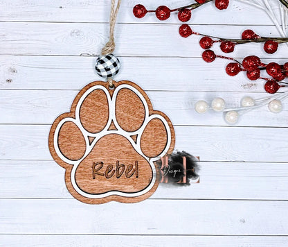 Paw Print Personalized Ornament, Custom Dog Name Tag Ornament, Wooden Ornament With Pet Name, Dog Lover, Gift For Dog Owners, Paw Print Name