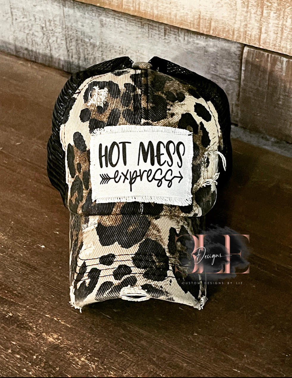 Hot Mess Express Ripped Leopard Ponytail Hat, Cute Truckers Hat, Ripped Baseball Cap, Cute Mom Ripped Baseball Hat, Gift Idea For Friend