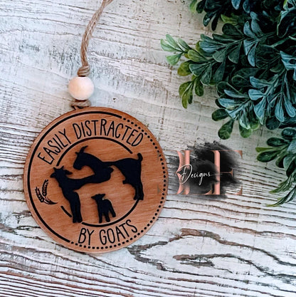 Easily Distracted By Goats Wooden Car Charm, Ornaments, Christmas, Car Accessories, Engraved Wooden Decor, Farm Decorations, Goat Lover Gift