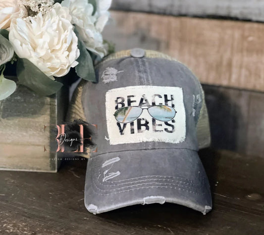 Beach Vibes Ripped Ponytail Hat, Cute Summer Baseball Cap, Cute Summer Hat, Beach Life Hat, Gift Idea for A Woman, Gift Idea for Beach Lover