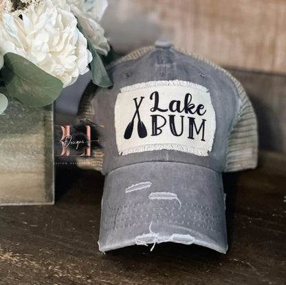 Lake Bum Ripped Ponytail Hat, Cute Lake Hat For Women, Women's Ripped Ponytail Hat, Cute Ripped Trucker Hat, Ripped Baseball Cap For Lake